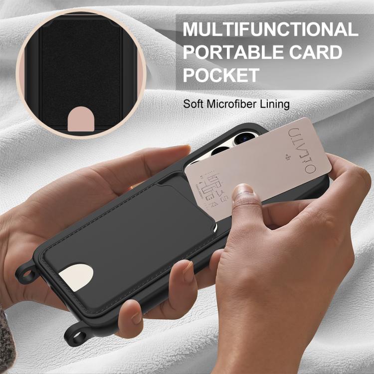 For Samsung Galaxy S23 5G Integrated Card Bag Solid Color Liquid Silicone Phone Case Gen2 with Short Lanyard