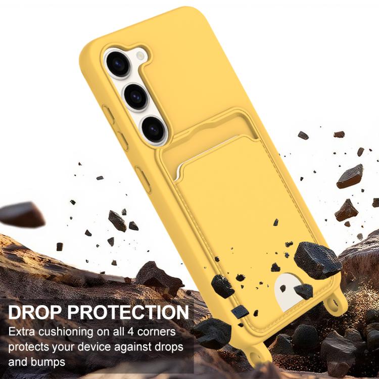 For Samsung Galaxy S23 5G Integrated Card Bag Solid Color Liquid Silicone Phone Case Gen2 with Short Lanyard