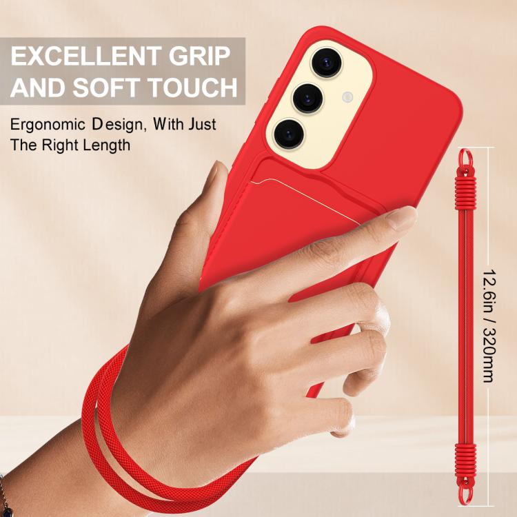 For Samsung Galaxy S24 5G Integrated Card Bag Solid Color Liquid Silicone Phone Case Gen2 with Short Lanyard