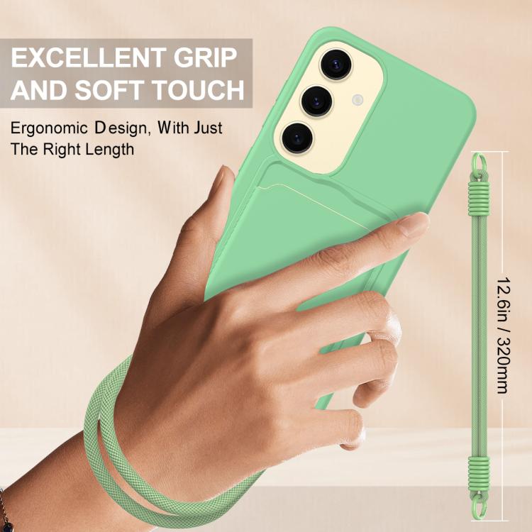For Samsung Galaxy S24 5G Integrated Card Bag Solid Color Liquid Silicone Phone Case Gen2 with Short Lanyard