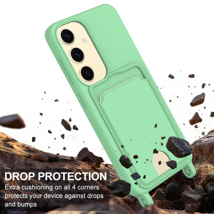 For Samsung Galaxy S24 5G Integrated Card Bag Solid Color Liquid Silicone Phone Case Gen2 with Short Lanyard