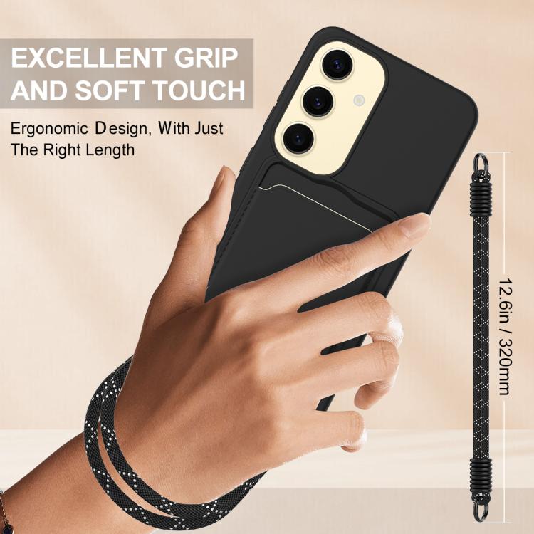 For Samsung Galaxy S24 5G Integrated Card Bag Solid Color Liquid Silicone Phone Case Gen2 with Short Lanyard