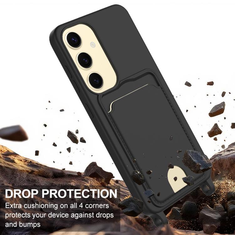 For Samsung Galaxy S24 5G Integrated Card Bag Solid Color Liquid Silicone Phone Case Gen2 with Short Lanyard