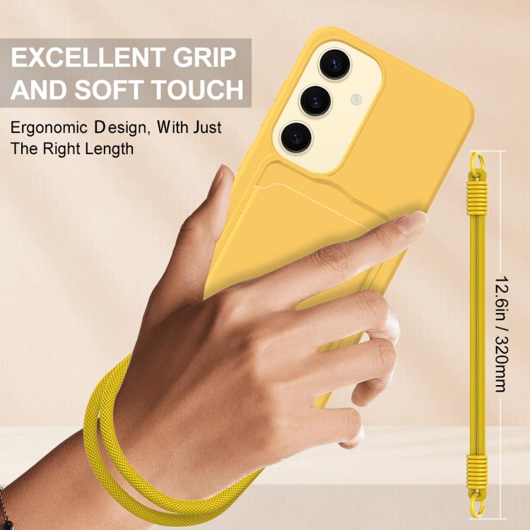 For Samsung Galaxy S24 5G Integrated Card Bag Solid Color Liquid Silicone Phone Case Gen2 with Short Lanyard