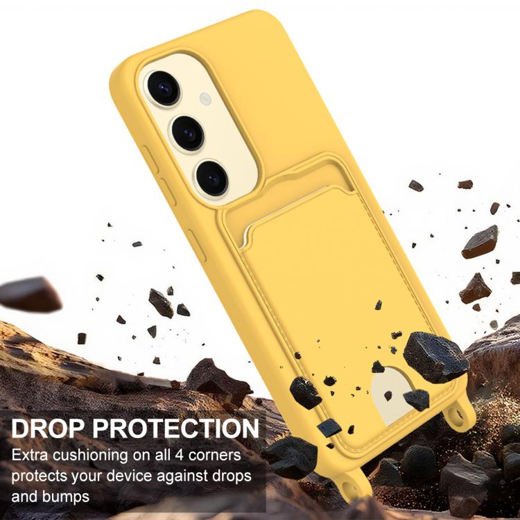 For Samsung Galaxy S24 5G Integrated Card Bag Solid Color Liquid Silicone Phone Case Gen2 with Short Lanyard