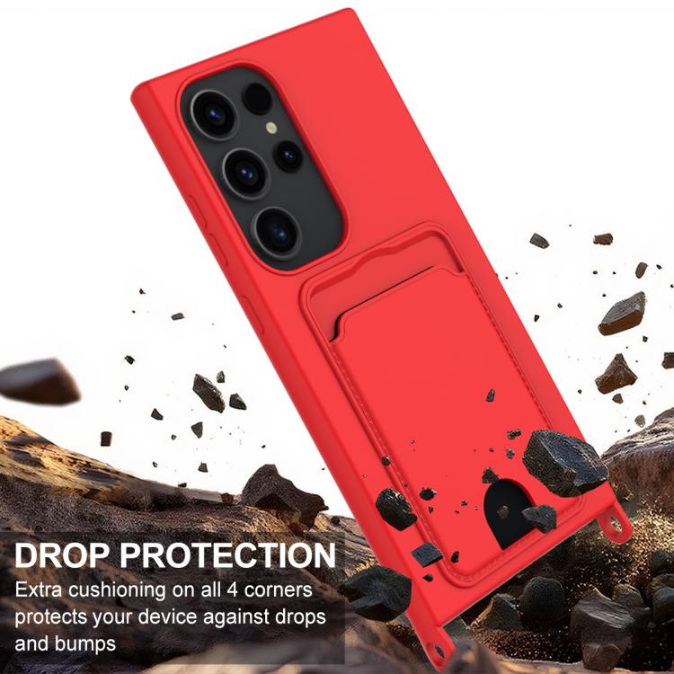 For Samsung Galaxy S24 Ultra 5G Integrated Card Bag Solid Color Liquid Silicone Phone Case Gen2 with Short Lanyard