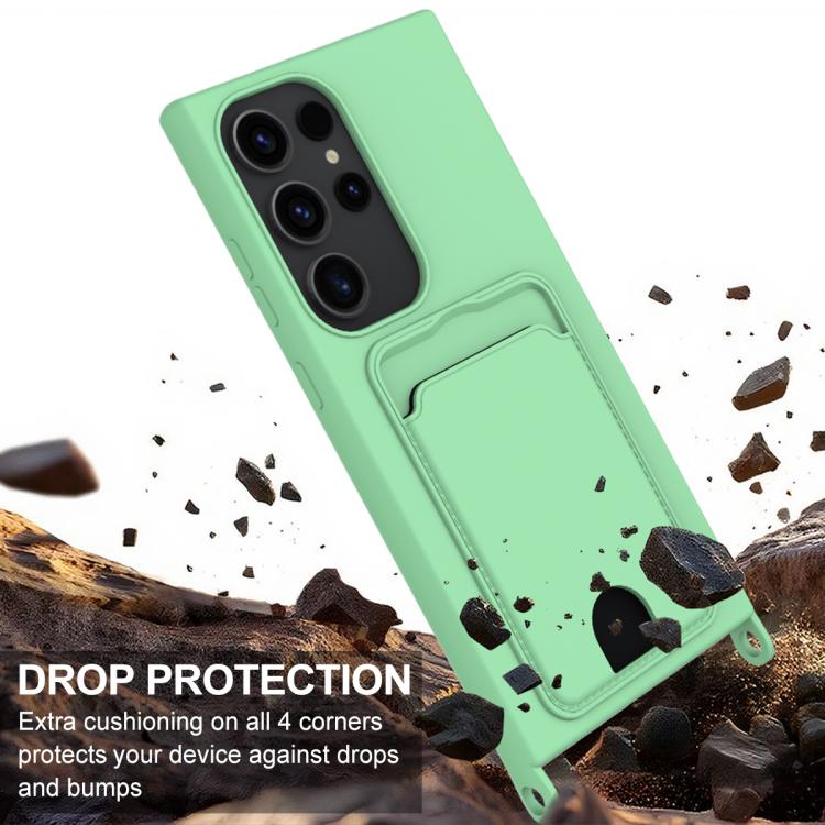 For Samsung Galaxy S24 Ultra 5G Integrated Card Bag Solid Color Liquid Silicone Phone Case Gen2 with Short Lanyard