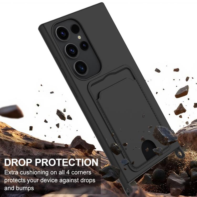 For Samsung Galaxy S24 Ultra 5G Integrated Card Bag Solid Color Liquid Silicone Phone Case Gen2 with Short Lanyard