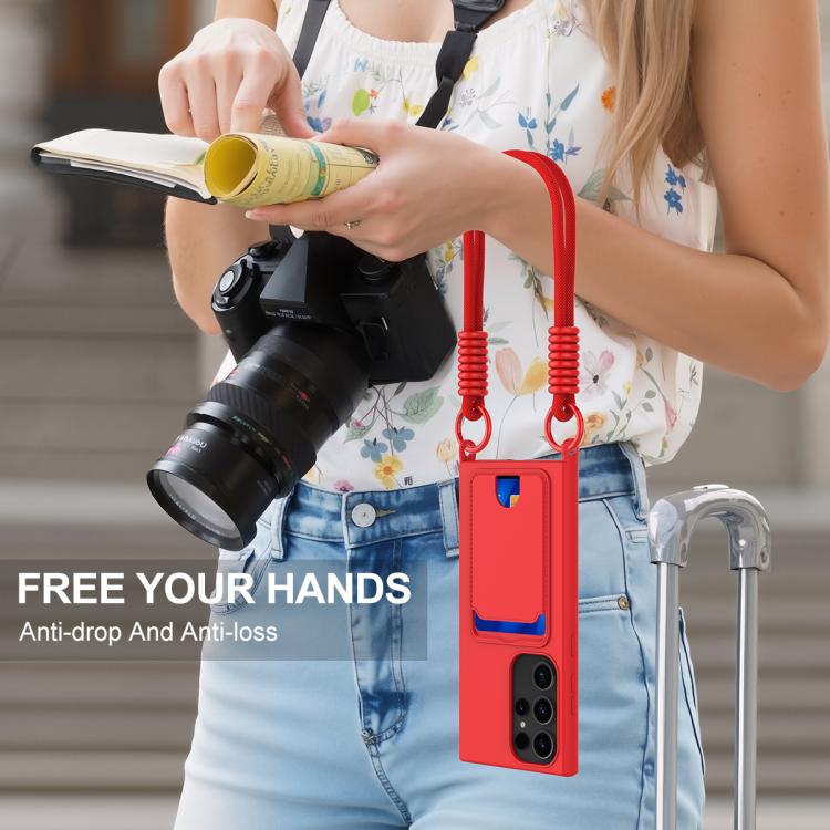 For Samsung Galaxy S23 Ultra 5G Integrated Card Bag Solid Color Liquid Silicone Phone Case Gen2 with Short Lanyard