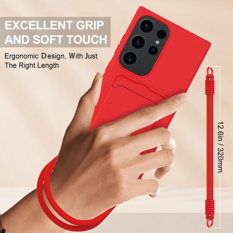 For Samsung Galaxy S23 Ultra 5G Integrated Card Bag Solid Color Liquid Silicone Phone Case Gen2 with Short Lanyard