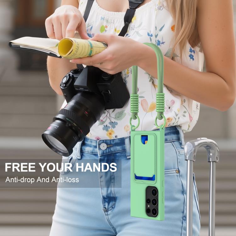 For Samsung Galaxy S23 Ultra 5G Integrated Card Bag Solid Color Liquid Silicone Phone Case Gen2 with Short Lanyard