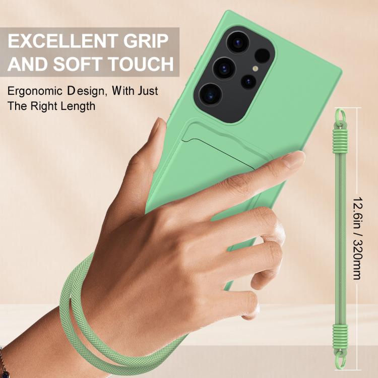 For Samsung Galaxy S23 Ultra 5G Integrated Card Bag Solid Color Liquid Silicone Phone Case Gen2 with Short Lanyard