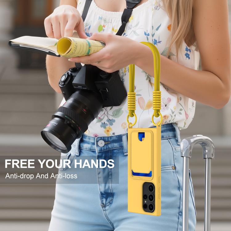 For Samsung Galaxy S23 Ultra 5G Integrated Card Bag Solid Color Liquid Silicone Phone Case Gen2 with Short Lanyard