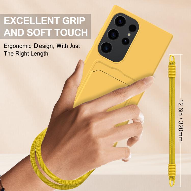 For Samsung Galaxy S23 Ultra 5G Integrated Card Bag Solid Color Liquid Silicone Phone Case Gen2 with Short Lanyard