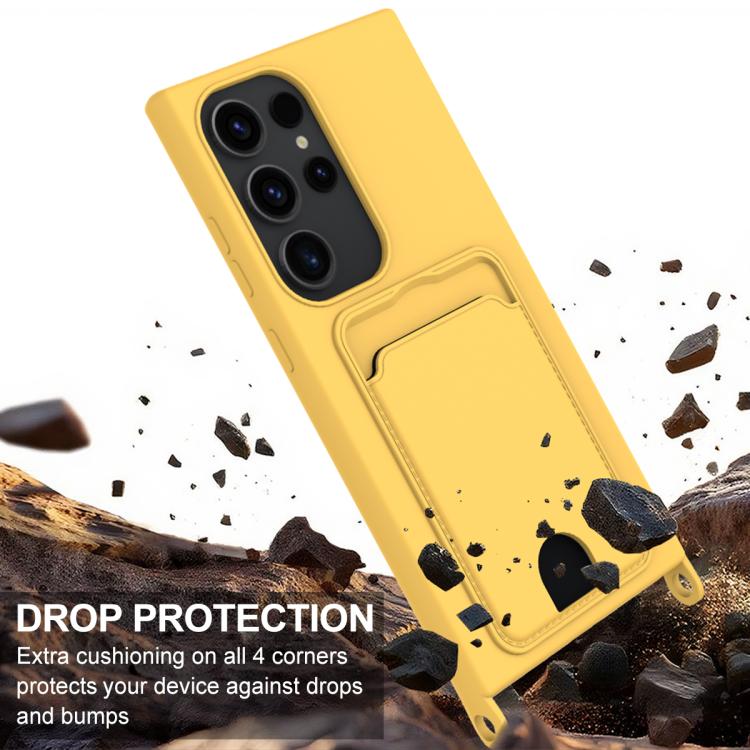 For Samsung Galaxy S23 Ultra 5G Integrated Card Bag Solid Color Liquid Silicone Phone Case Gen2 with Short Lanyard