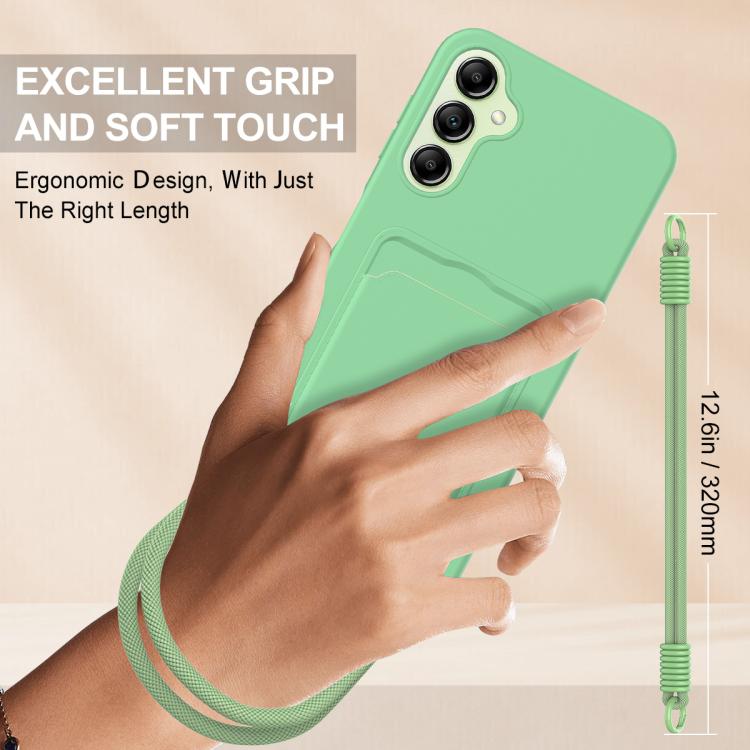 For Samsung Galaxy S24 FE 5G Integrated Card Bag Solid Color Liquid Silicone Phone Case Gen2 with Short Lanyard