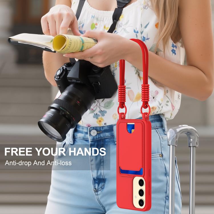 For Samsung Galaxy S25 5G Integrated Card Bag Solid Color Liquid Silicone Phone Case Gen2 with Short Lanyard