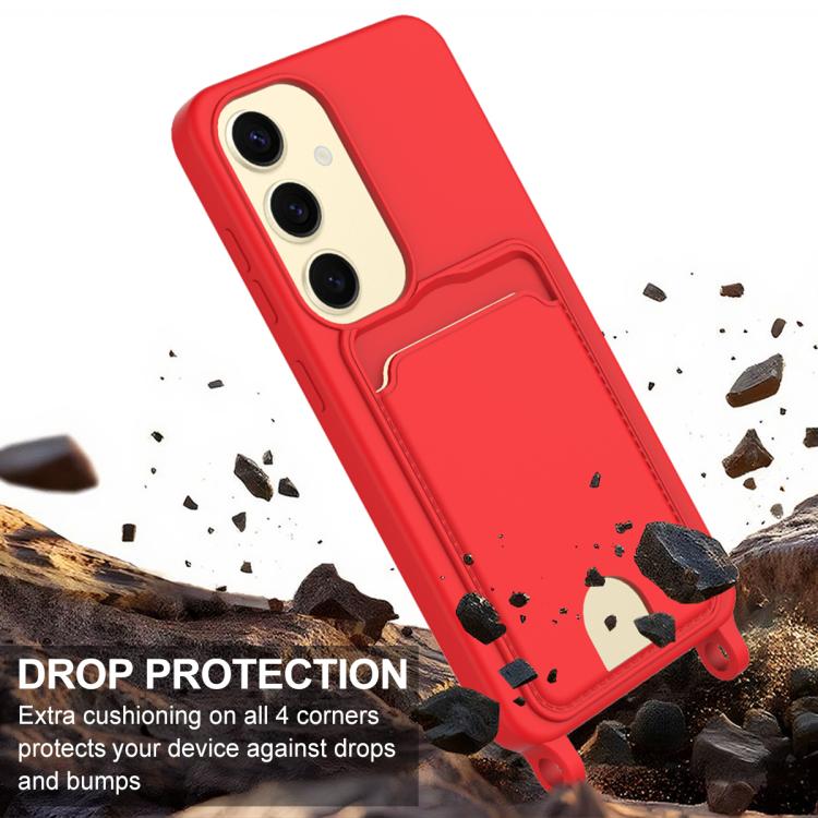 For Samsung Galaxy S25 5G Integrated Card Bag Solid Color Liquid Silicone Phone Case Gen2 with Short Lanyard