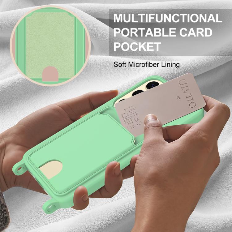 For Samsung Galaxy S25 5G Integrated Card Bag Solid Color Liquid Silicone Phone Case Gen2 with Short Lanyard