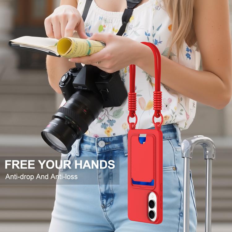 For Samsung Galaxy S25 Edge 5G Integrated Card Bag Solid Color Liquid Silicone Phone Case Gen2 with Short Lanyard