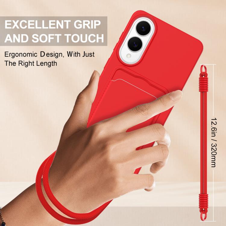 For Samsung Galaxy S25 Edge 5G Integrated Card Bag Solid Color Liquid Silicone Phone Case Gen2 with Short Lanyard