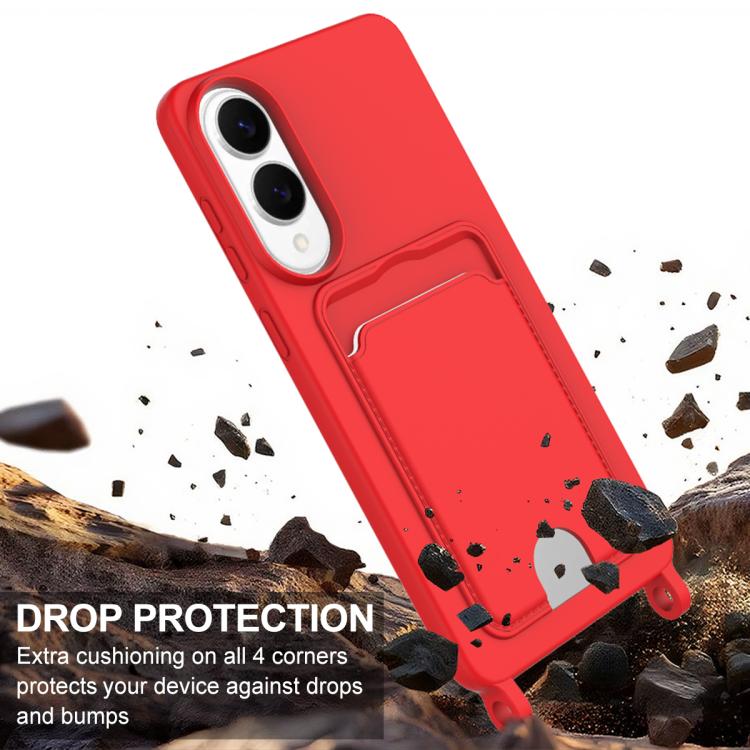 For Samsung Galaxy S25 Edge 5G Integrated Card Bag Solid Color Liquid Silicone Phone Case Gen2 with Short Lanyard