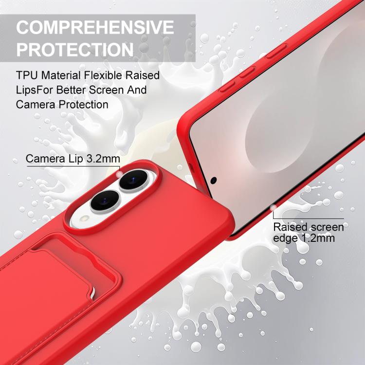 For Samsung Galaxy S25 Edge 5G Integrated Card Bag Solid Color Liquid Silicone Phone Case Gen2 with Short Lanyard
