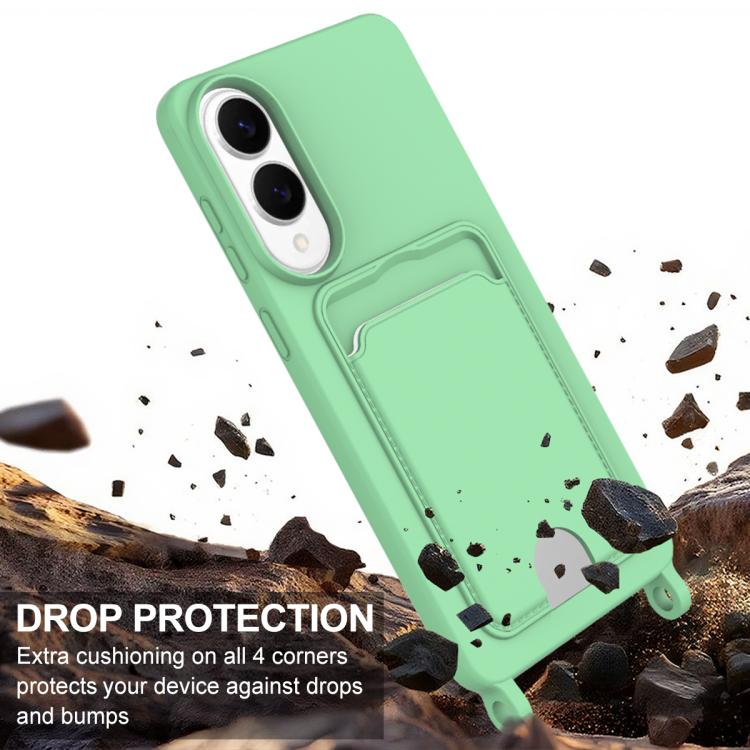 For Samsung Galaxy S25 Edge 5G Integrated Card Bag Solid Color Liquid Silicone Phone Case Gen2 with Short Lanyard