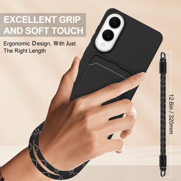 For Samsung Galaxy S25 Edge 5G Integrated Card Bag Solid Color Liquid Silicone Phone Case Gen2 with Short Lanyard