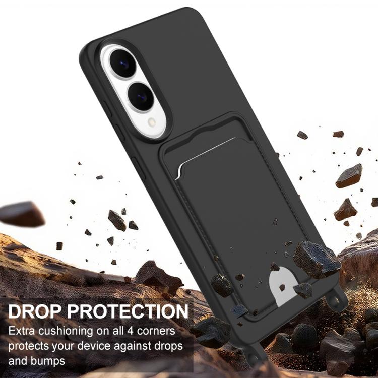 For Samsung Galaxy S25 Edge 5G Integrated Card Bag Solid Color Liquid Silicone Phone Case Gen2 with Short Lanyard
