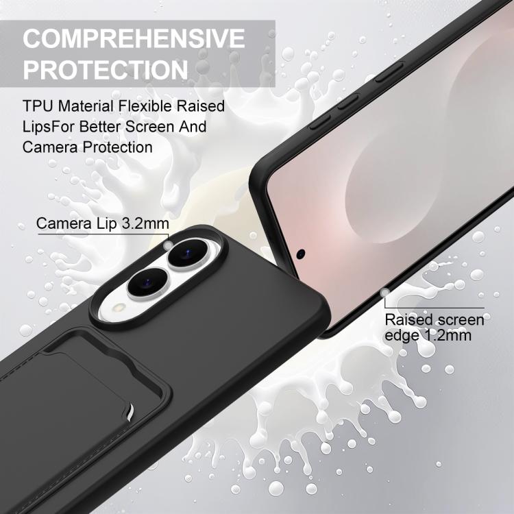 For Samsung Galaxy S25 Edge 5G Integrated Card Bag Solid Color Liquid Silicone Phone Case Gen2 with Short Lanyard