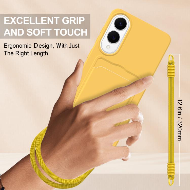 For Samsung Galaxy S25 Edge 5G Integrated Card Bag Solid Color Liquid Silicone Phone Case Gen2 with Short Lanyard