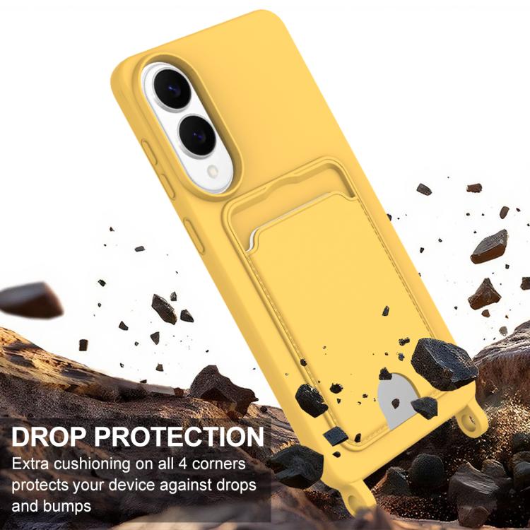 For Samsung Galaxy S25 Edge 5G Integrated Card Bag Solid Color Liquid Silicone Phone Case Gen2 with Short Lanyard