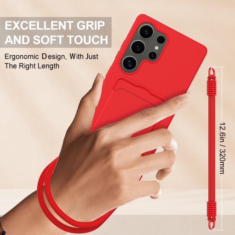 For Samsung Galaxy S25 Ultra 5G Integrated Card Bag Solid Color Liquid Silicone Phone Case Gen2 with Short Lanyard
