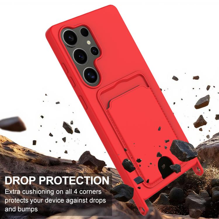 For Samsung Galaxy S25 Ultra 5G Integrated Card Bag Solid Color Liquid Silicone Phone Case Gen2 with Short Lanyard