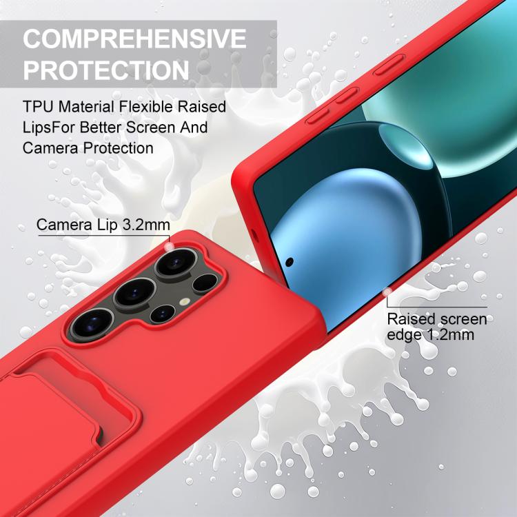 For Samsung Galaxy S25 Ultra 5G Integrated Card Bag Solid Color Liquid Silicone Phone Case Gen2 with Short Lanyard