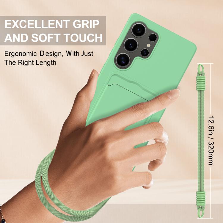 For Samsung Galaxy S25 Ultra 5G Integrated Card Bag Solid Color Liquid Silicone Phone Case Gen2 with Short Lanyard