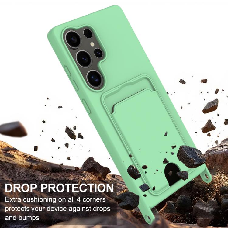 For Samsung Galaxy S25 Ultra 5G Integrated Card Bag Solid Color Liquid Silicone Phone Case Gen2 with Short Lanyard