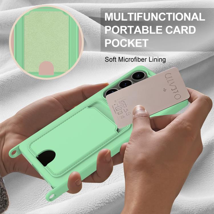 For Samsung Galaxy S25 Ultra 5G Integrated Card Bag Solid Color Liquid Silicone Phone Case Gen2 with Short Lanyard