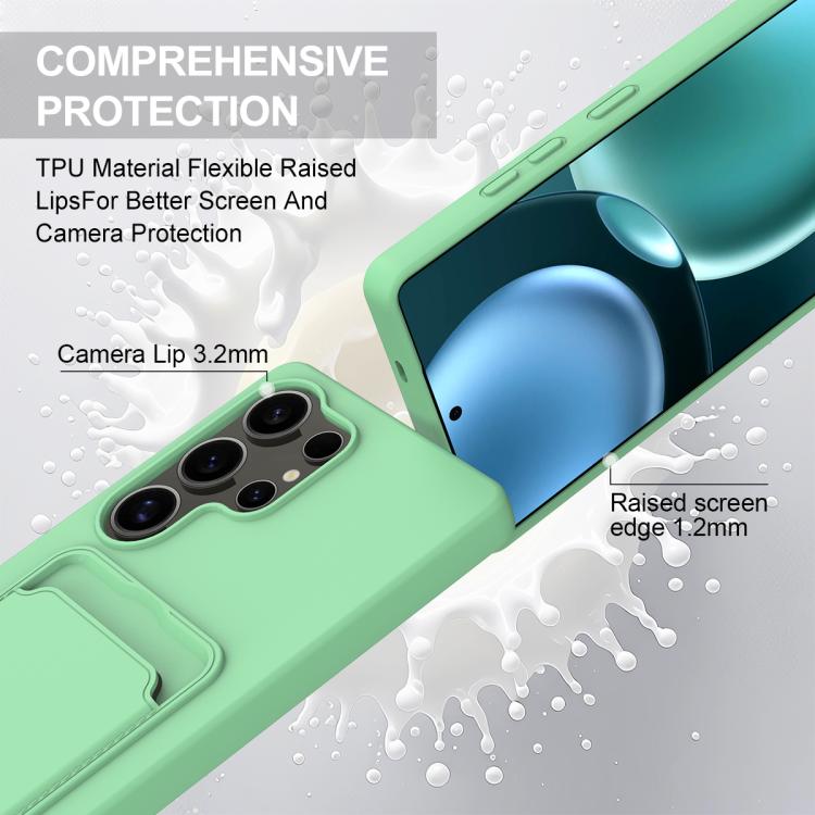 For Samsung Galaxy S25 Ultra 5G Integrated Card Bag Solid Color Liquid Silicone Phone Case Gen2 with Short Lanyard