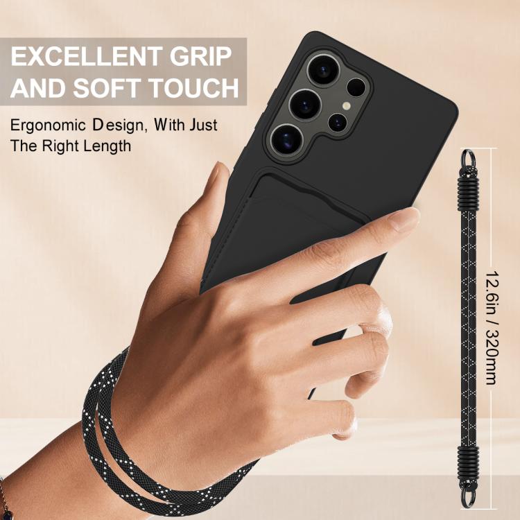 For Samsung Galaxy S25 Ultra 5G Integrated Card Bag Solid Color Liquid Silicone Phone Case Gen2 with Short Lanyard