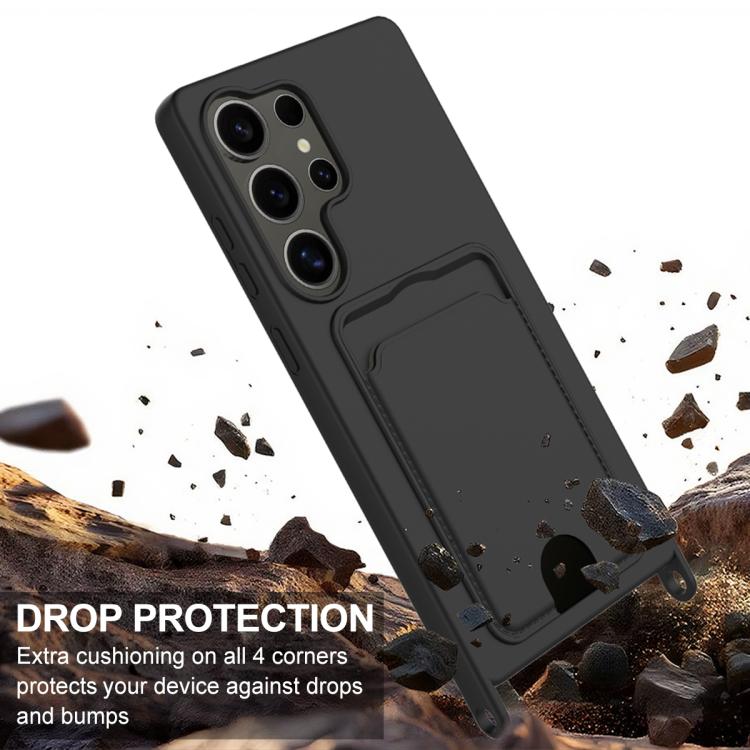 For Samsung Galaxy S25 Ultra 5G Integrated Card Bag Solid Color Liquid Silicone Phone Case Gen2 with Short Lanyard