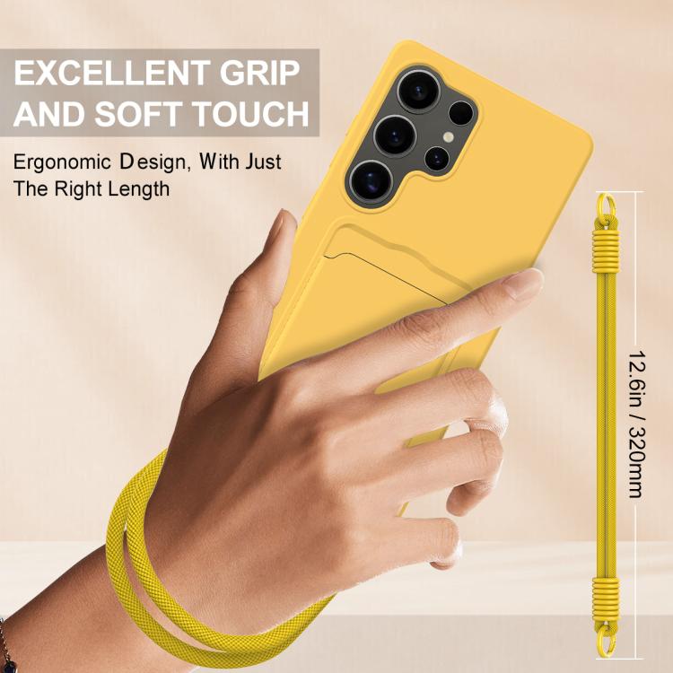 For Samsung Galaxy S25 Ultra 5G Integrated Card Bag Solid Color Liquid Silicone Phone Case Gen2 with Short Lanyard