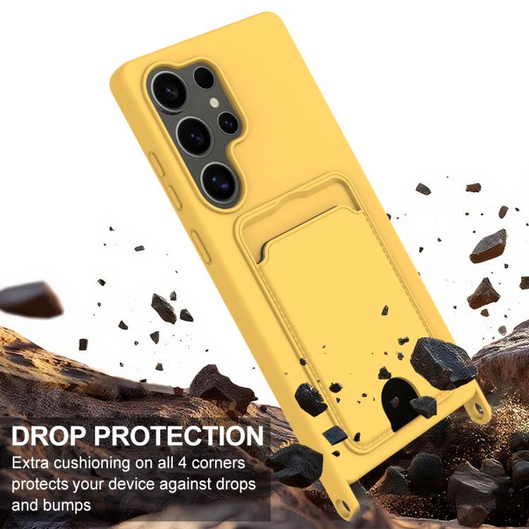 For Samsung Galaxy S25 Ultra 5G Integrated Card Bag Solid Color Liquid Silicone Phone Case Gen2 with Short Lanyard