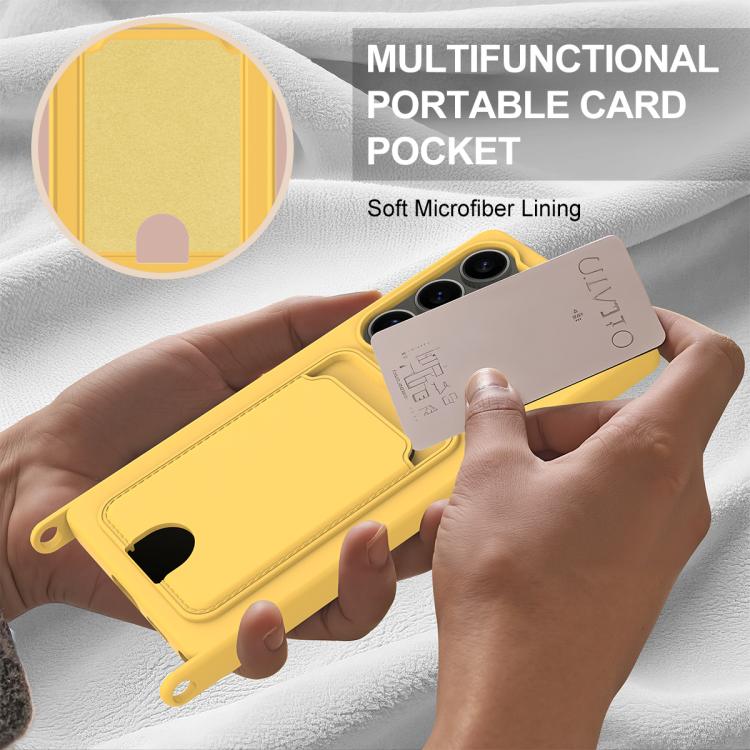 For Samsung Galaxy S25 Ultra 5G Integrated Card Bag Solid Color Liquid Silicone Phone Case Gen2 with Short Lanyard
