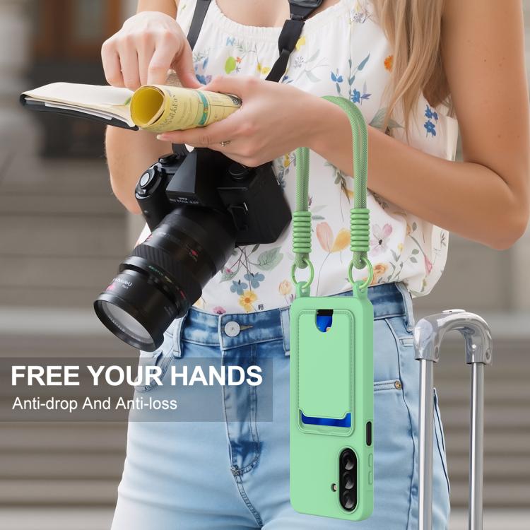 For Samsung Galaxy S25 FE 5G Integrated Card Bag Solid Color Liquid Silicone Phone Case Gen2 with Short Lanyard