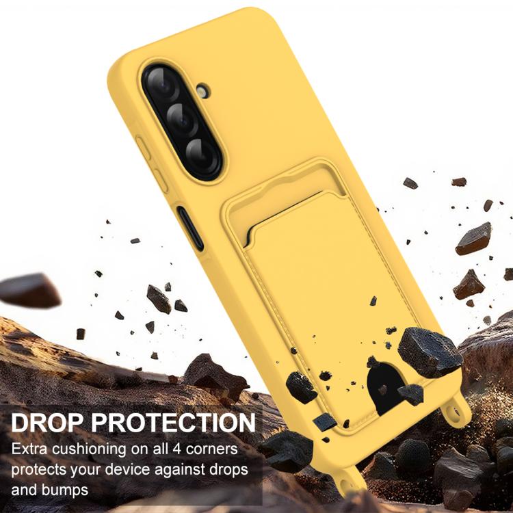 For Samsung Galaxy S25 FE 5G Integrated Card Bag Solid Color Liquid Silicone Phone Case Gen2 with Short Lanyard