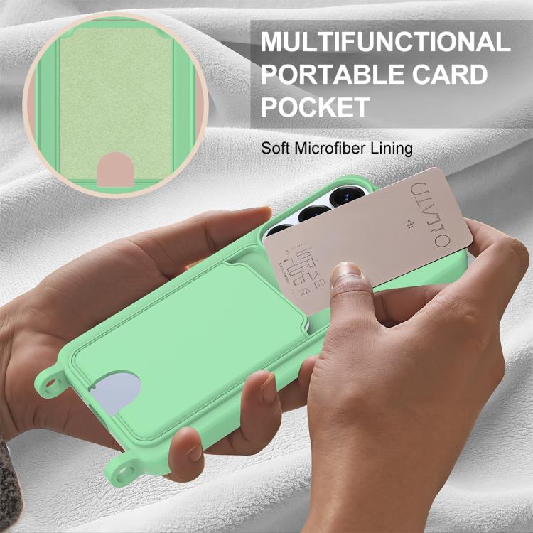For Samsung Galaxy S26 5G Integrated Card Bag Solid Color Liquid Silicone Phone Case Gen2 with Short Lanyard