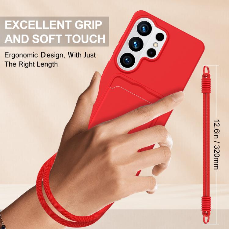 For Samsung Galaxy S26 Ultra 5G Integrated Card Bag Solid Color Liquid Silicone Phone Case Gen2 with Short Lanyard