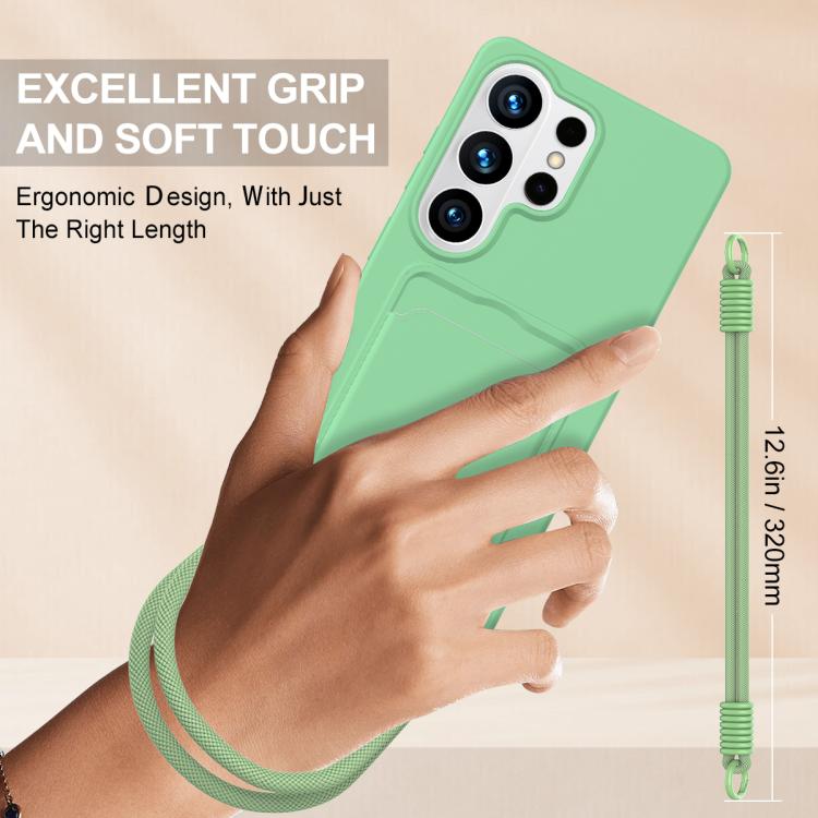 For Samsung Galaxy S26 Ultra 5G Integrated Card Bag Solid Color Liquid Silicone Phone Case Gen2 with Short Lanyard